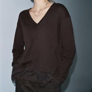 NWT Zara Brown Combination Lace Long Sleeve Layered Hem Top small